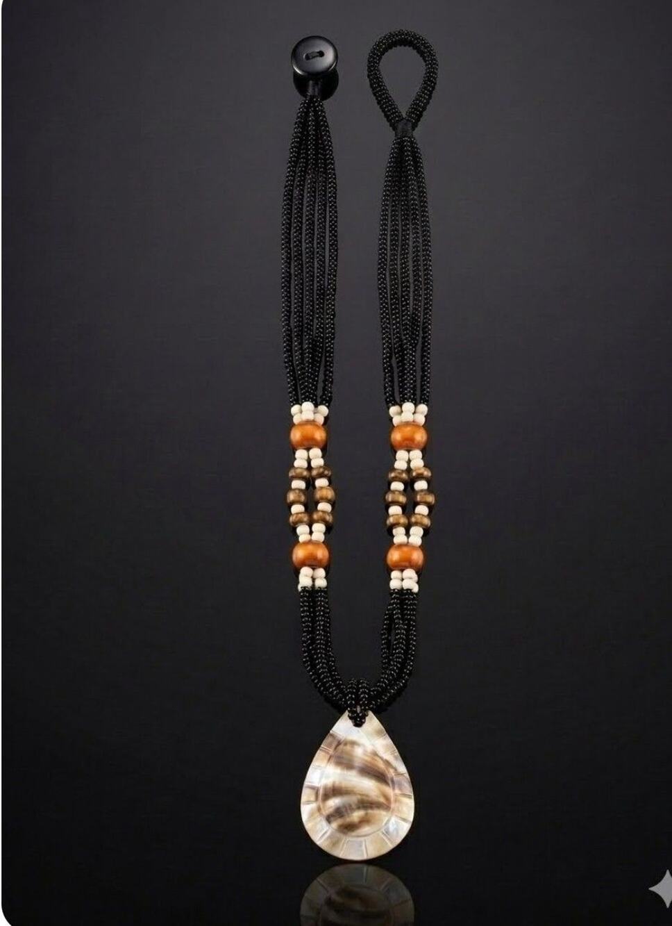 Vintage Bohemian 16" Multi-Strand Glass & Wood Beaded Shell Necklace